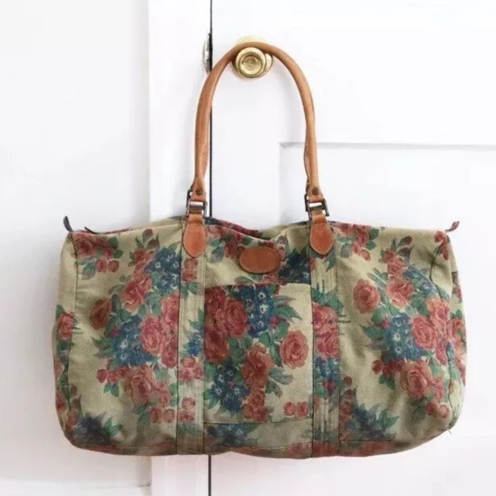 Vintage GAP Floral Duffle Bag Weekender Canvas with Leather Handles 90s Y2K
